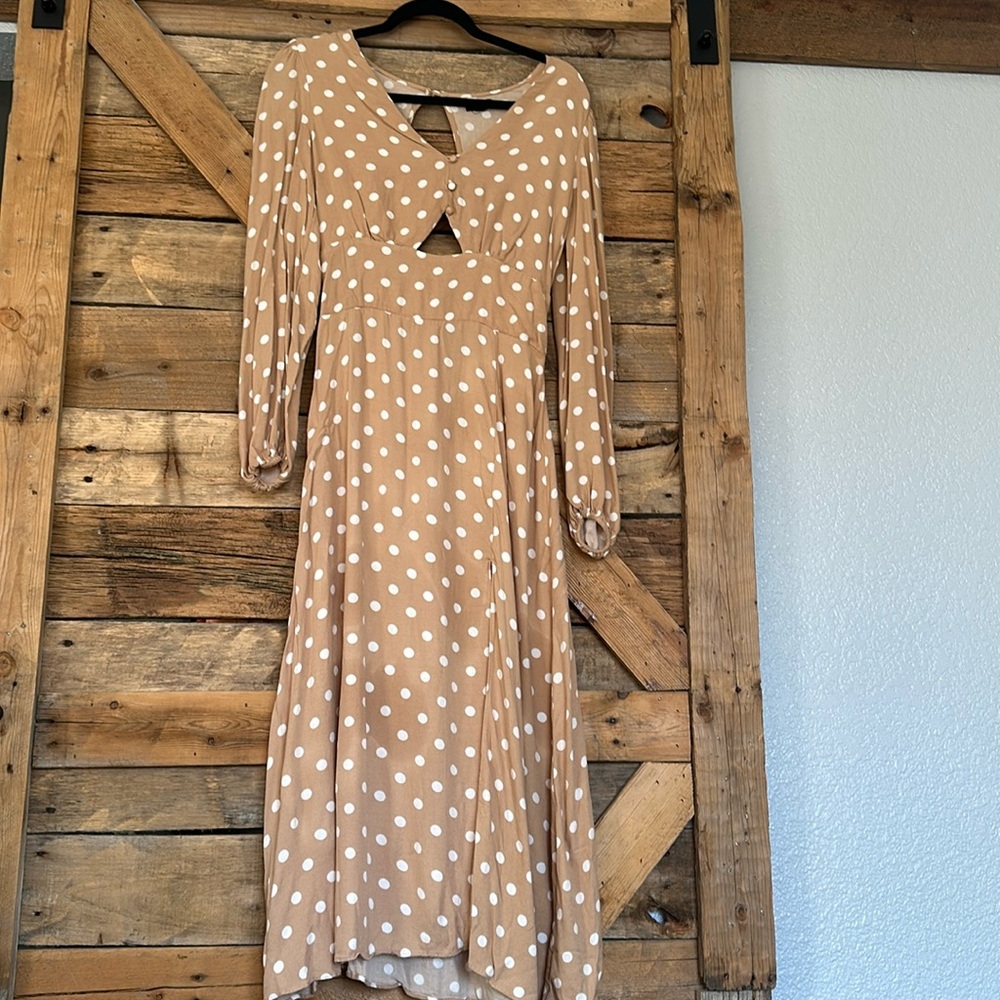 Tan with white polkadots, long sleeve dress